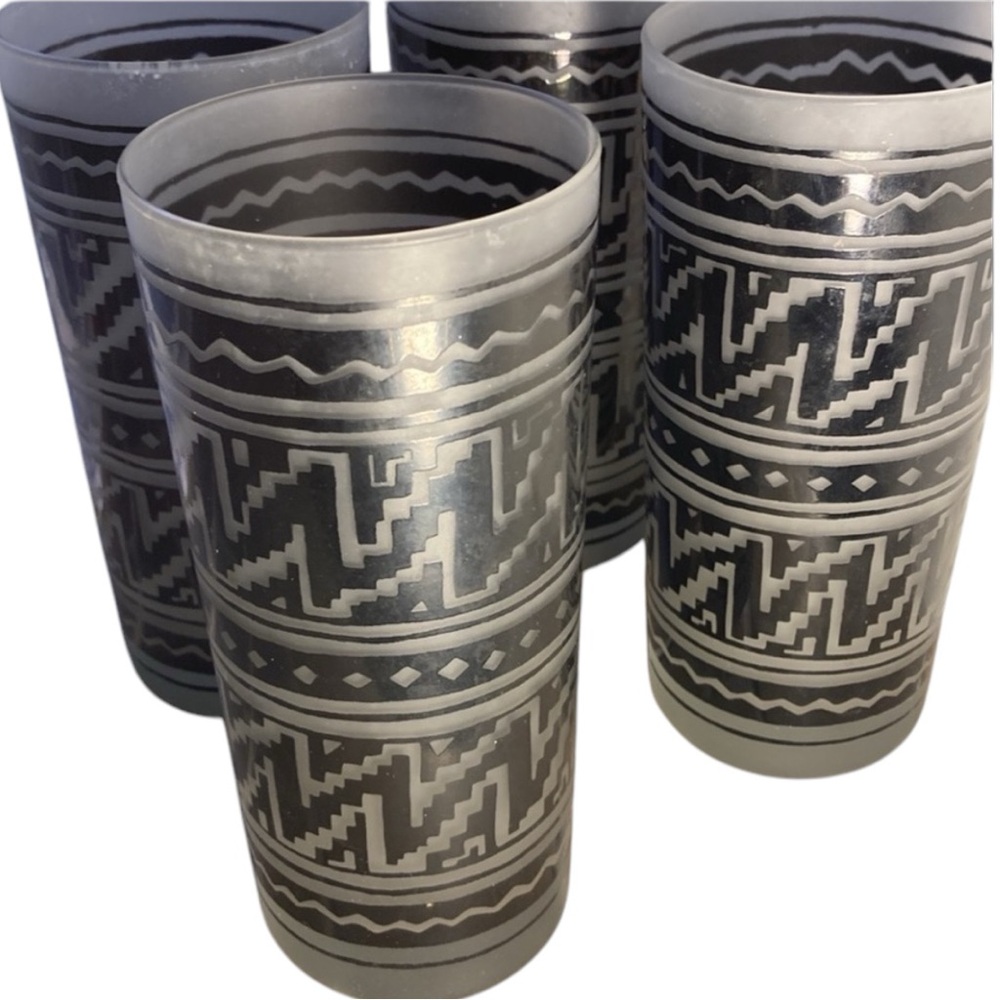 Set/4 MCM Aztec/TIKI Highball Glasses W/Black Etched Overlay Design No Cracks
